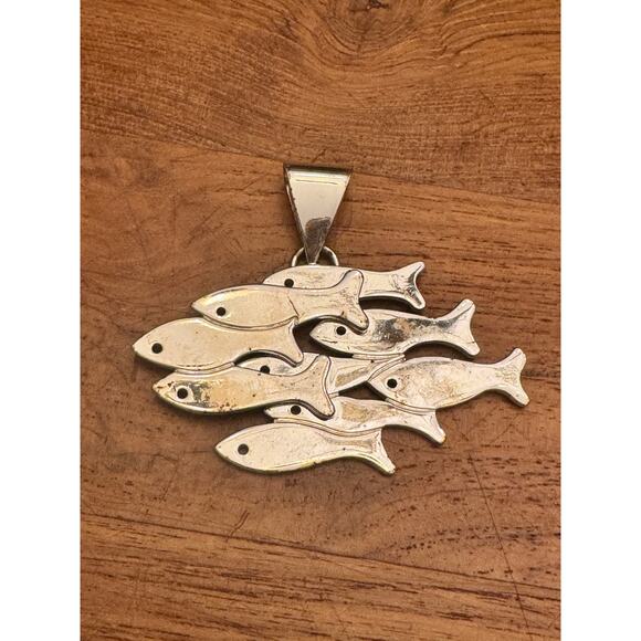 Vintage Jewelry - Large Silver Fish Pendant School of Mixed Metal Fish Modernist Ocean Inspire